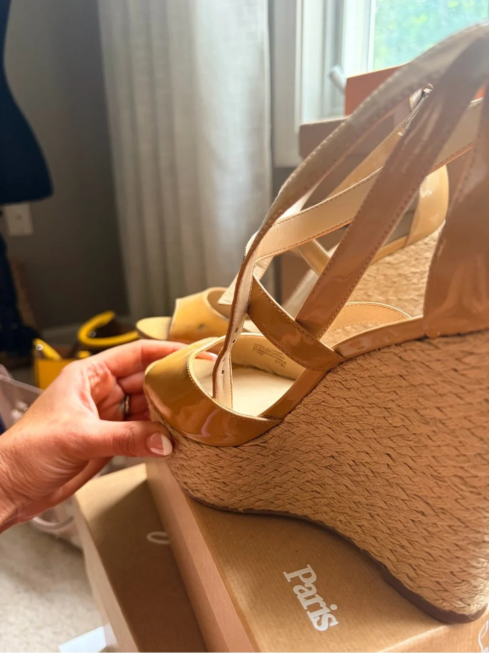 Michael Kors Patent Leather Espadrille Wedge Sandals in Mustard Tan.